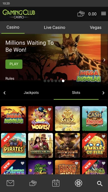 Gaming Club app lobby with a new account balance of 0.00