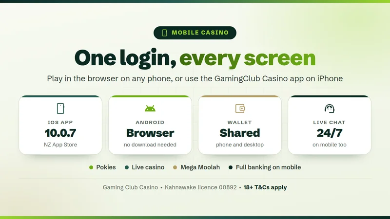 Gaming Club Casino on mobile in New Zealand: iOS app 10.0.7, browser play on Android and iPhone, one login for every device
